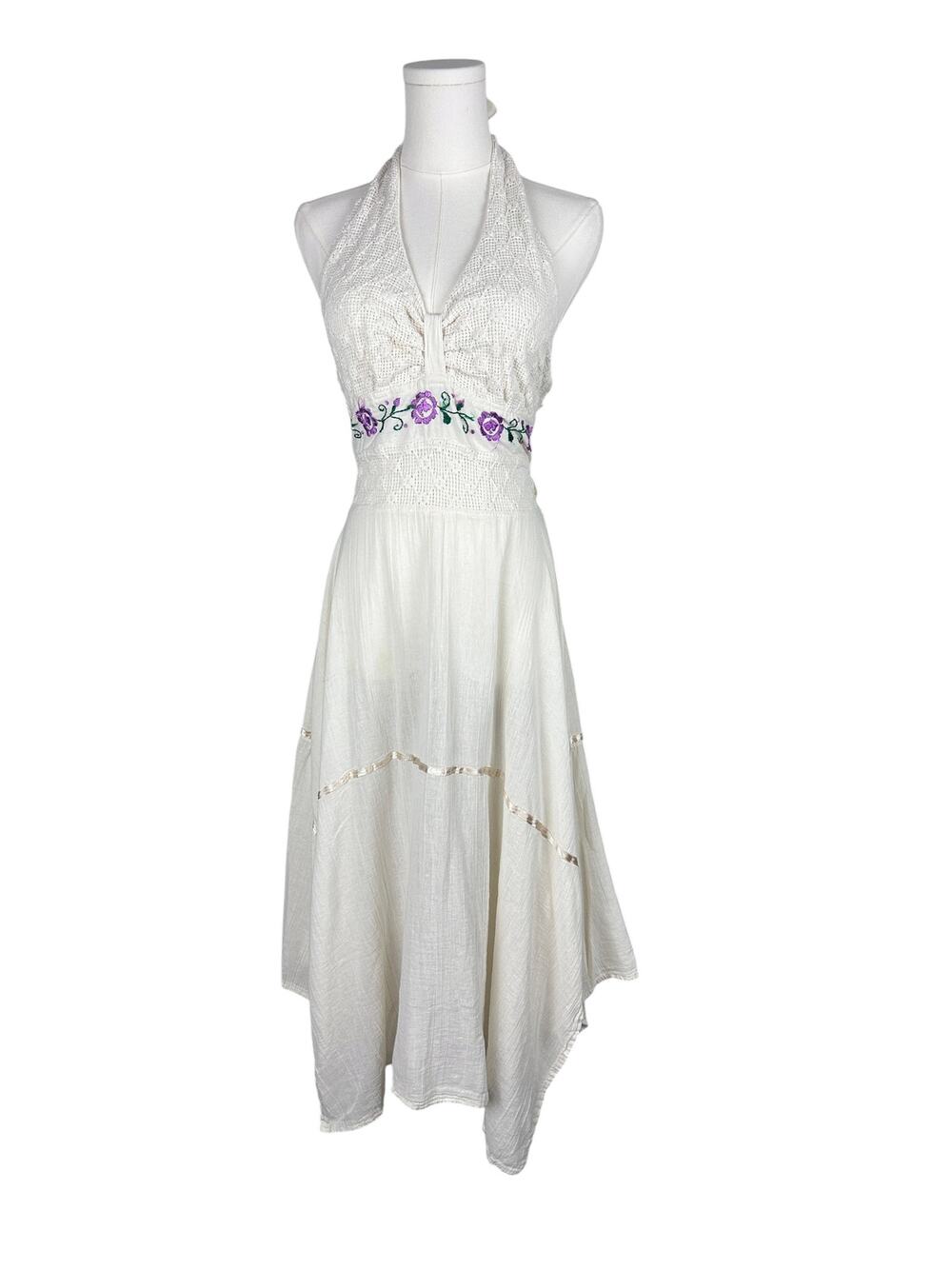 Vintage 70s Linen Blend Floral Embroidered Babydoll Asymmetrical Hem Midi Dress
